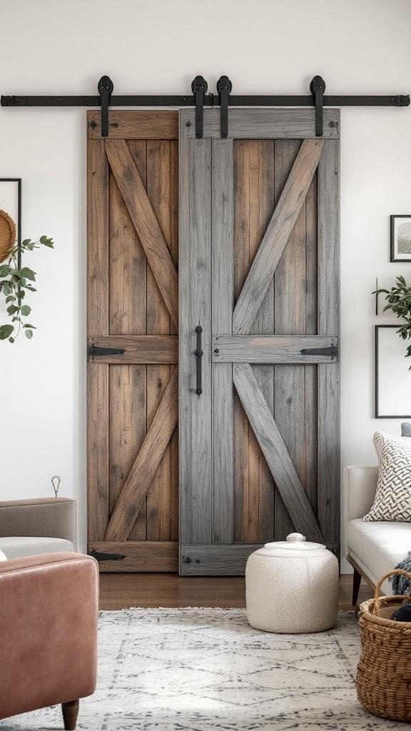 A rustic barn door feature wall with two sliding doors in brown and gray, enhancing a cozy living room.