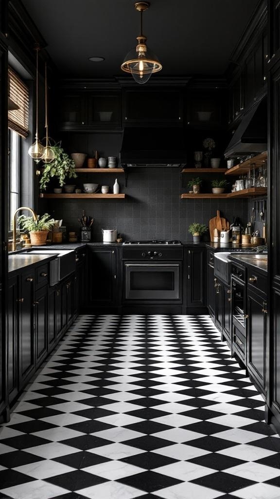A kitchen featuring black and white checkered flooring, dark cabinetry, and wooden shelves.