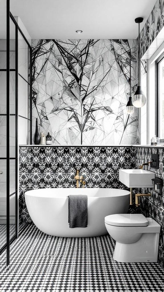 A modern black and white bathroom featuring geometric patterns, a white bathtub, and gold fixtures.