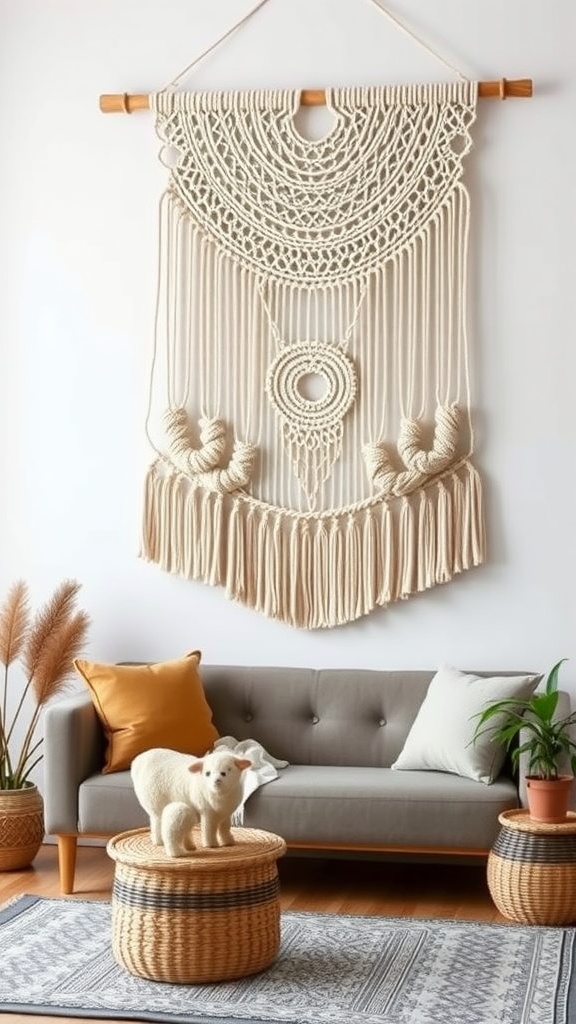 A beautiful macrame wall hanging displayed above a gray sofa, with decorative pillows and plants around it.