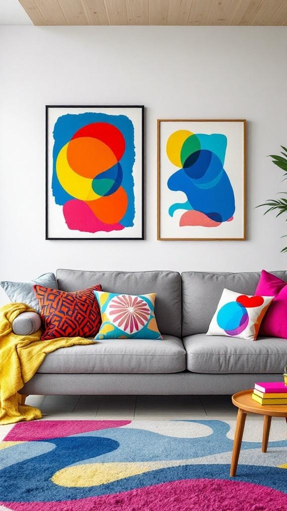 A stylish living room featuring a grey couch with colorful pillows, a vibrant rug, and bold abstract artwork on the walls.