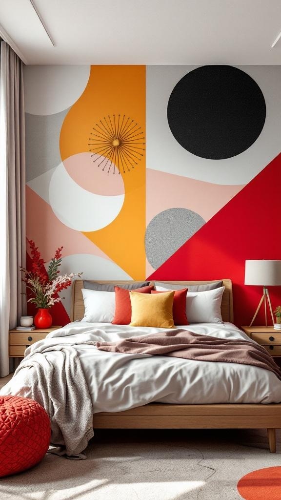 A modern male bedroom with a bold accent wall featuring geometric shapes in orange, red, and black.