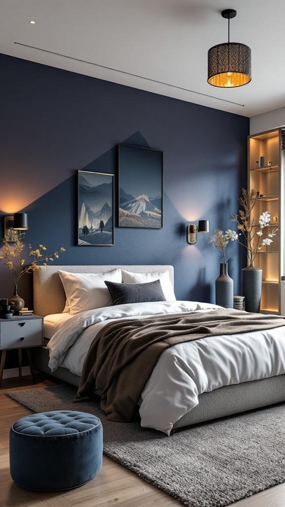 A contemporary bedroom featuring a bold accent wall with circular shapes in green and orange, a beige bed, and modern decor.