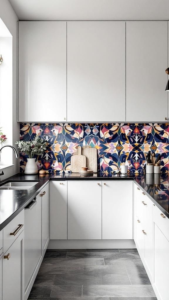 Stylish kitchen featuring black countertops, white cabinets, and a bold, colorful backsplash.