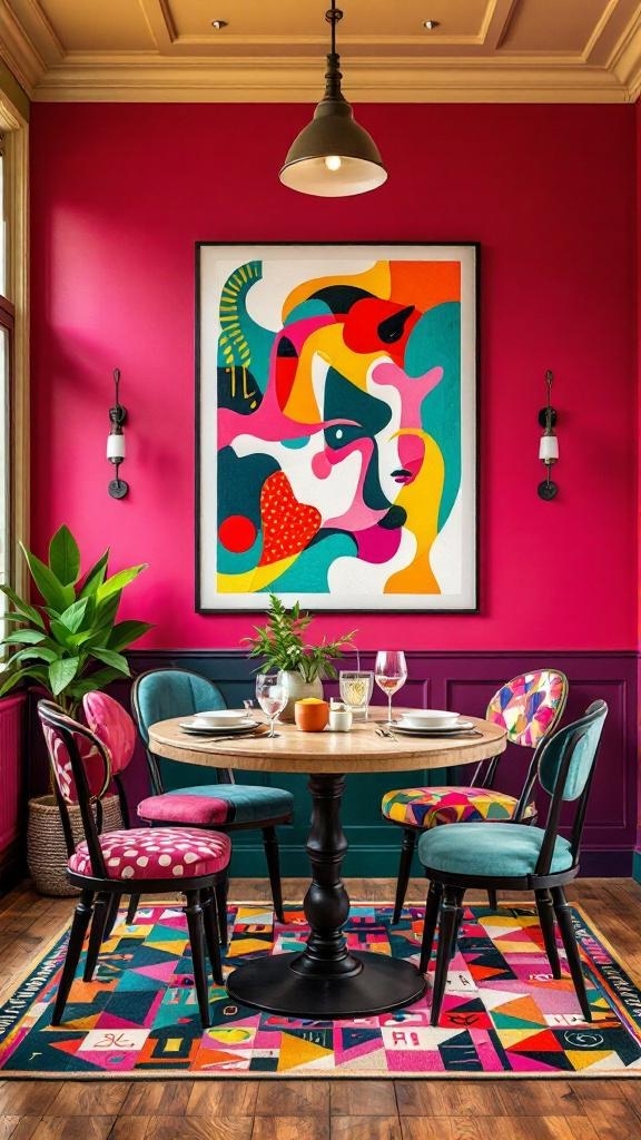 A vibrant dining room with pink walls, colorful artwork, and uniquely patterned chairs around a round table.