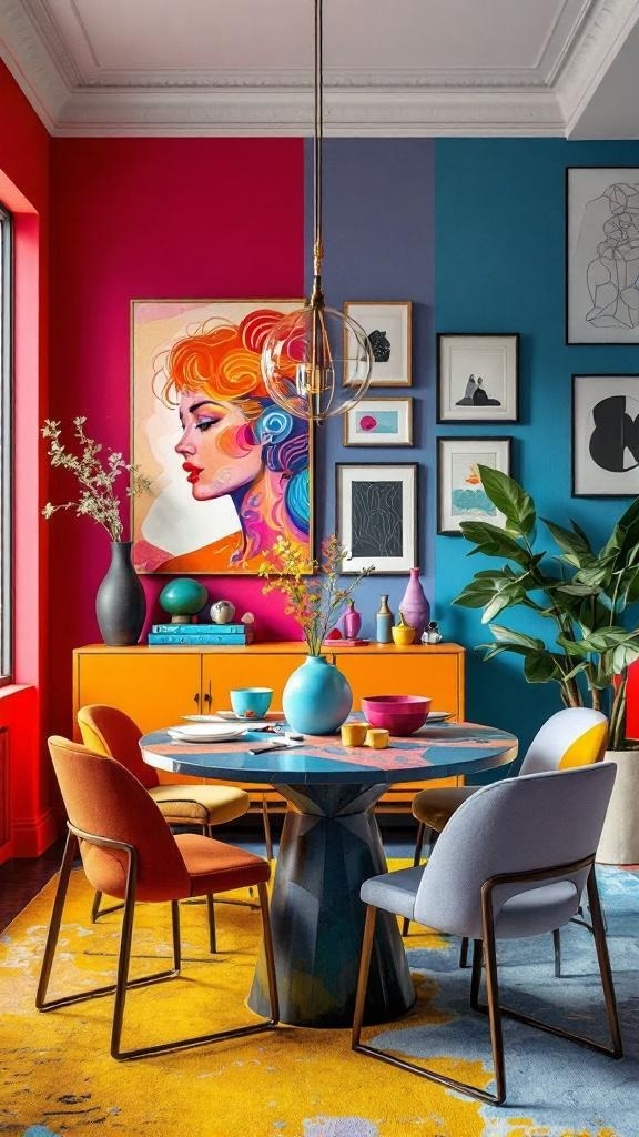 A modern dining room with bold pink and blue walls, colorful chairs, a unique table, and artistic decor.