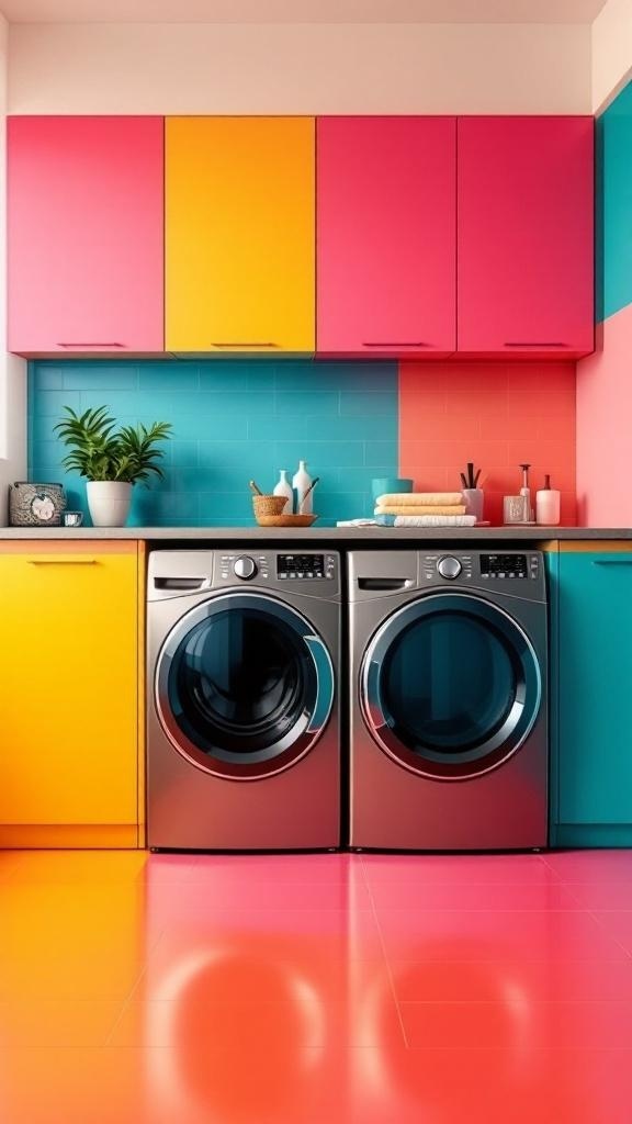 A modern laundry room featuring bold color accents with pink, yellow, and turquoise cabinets, sleek washing machines, and decorative plants.