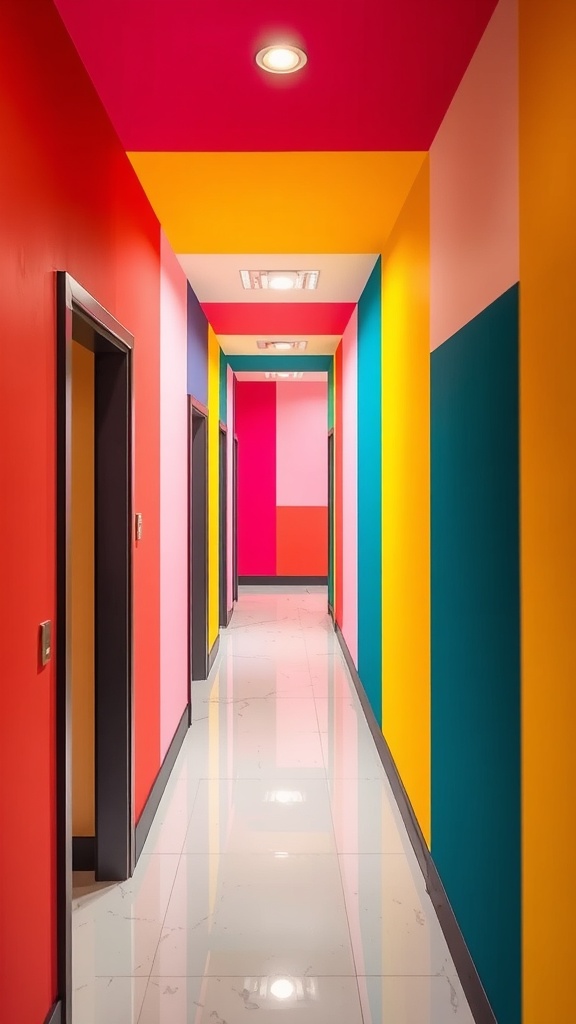 A vibrant hallway with bold color blocks in orange, blue, and red.