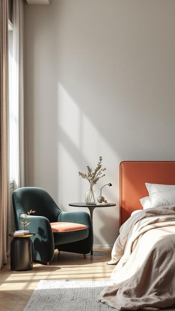 A modern male bedroom featuring a bold orange headboard, a green chair, and a stylish side table.