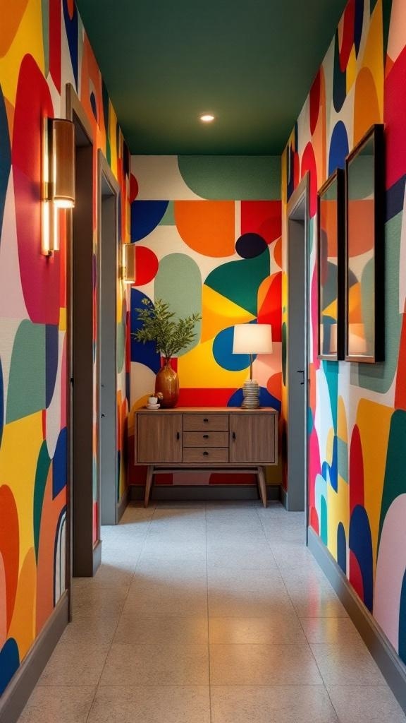 A colorful hallway with bold geometric wallpaper featuring large shapes in red, blue, yellow, and green.