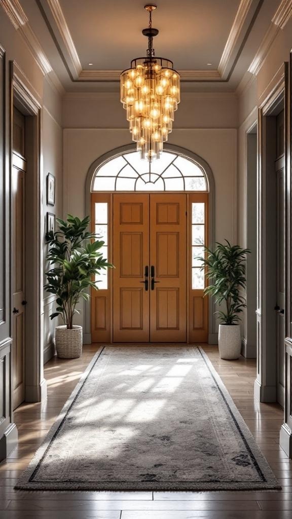 A modern entryway featuring a bold chandelier, wooden doors, and decorative plants.