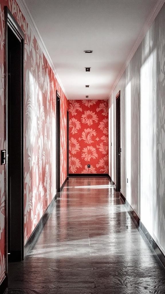 A hallway with bold red floral wallpaper on one side, contrasting with plain white walls, illuminated by natural light.