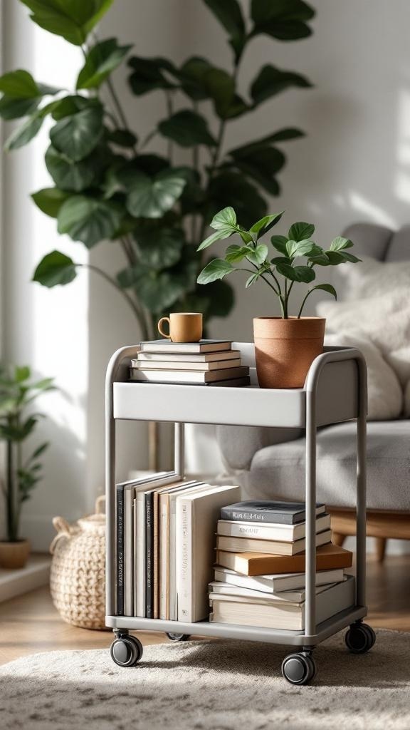 A stylish book cart on wheels with books and a plant, set in a cozy living space.