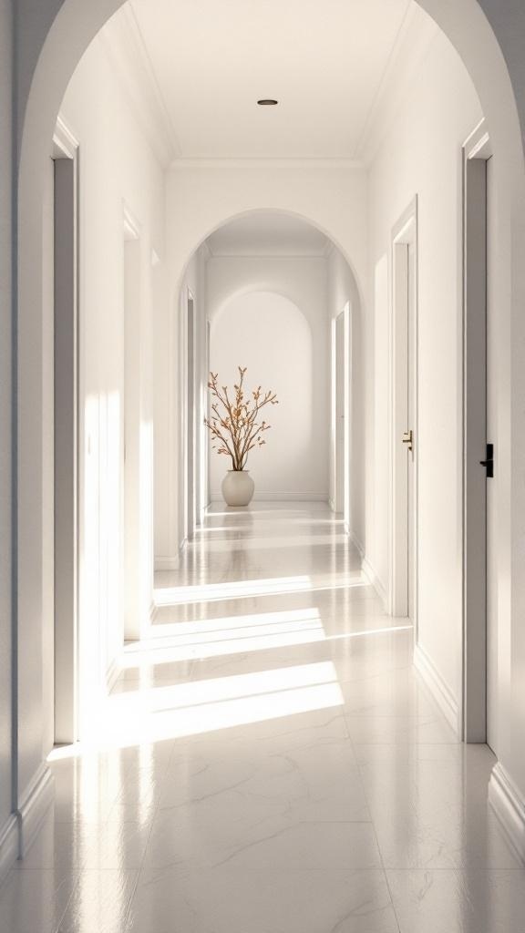 A bright and airy hallway with white walls and a vase of branches.