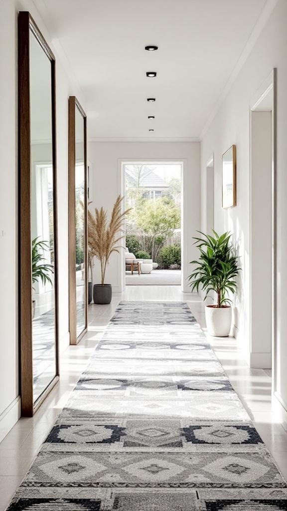 Bright hallway with large mirrors, plants, and a patterned runner