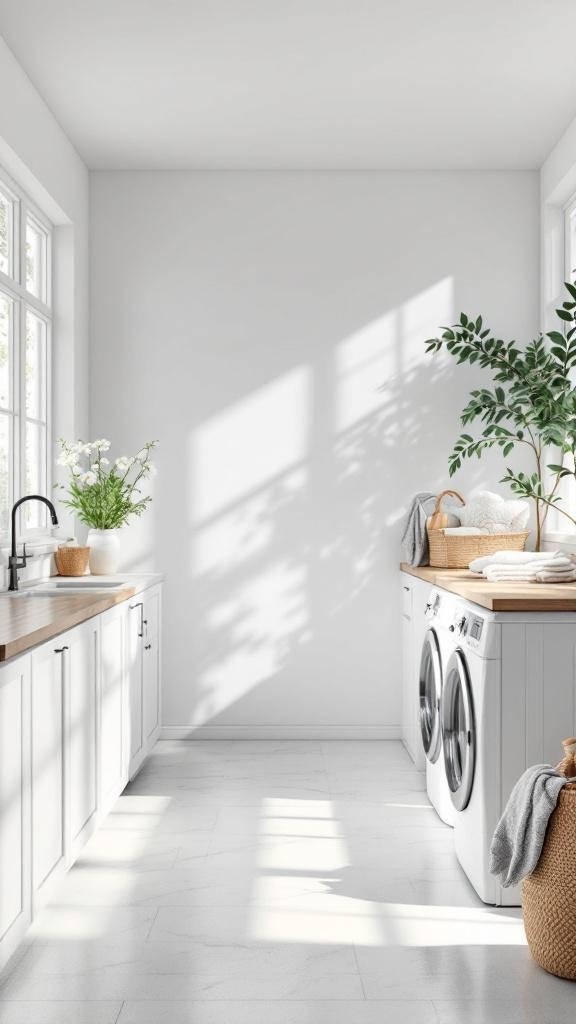 Bright and airy laundry room with large windows, white cabinetry, and wooden countertop