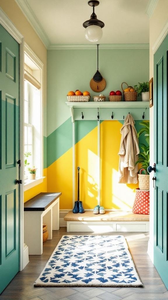 Brightly colored mudroom laundry room with mint green and yellow walls, a cozy bench, and decorative storage.