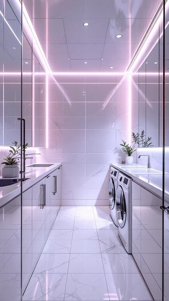 Modern laundry room with bright and reflective surfaces, featuring white tiles, bright lighting, and plants.