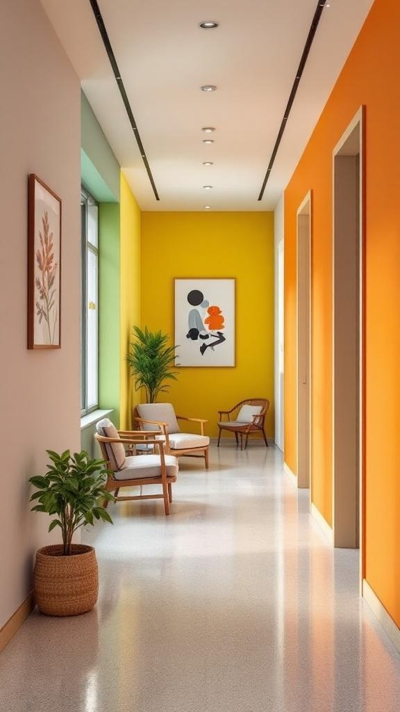 A brightly colored hallway with yellow, orange, and green accent walls, featuring stylish chairs and plants.