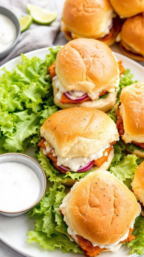 Buffalo Chicken Tenderloin Sliders on a plate with lettuce.