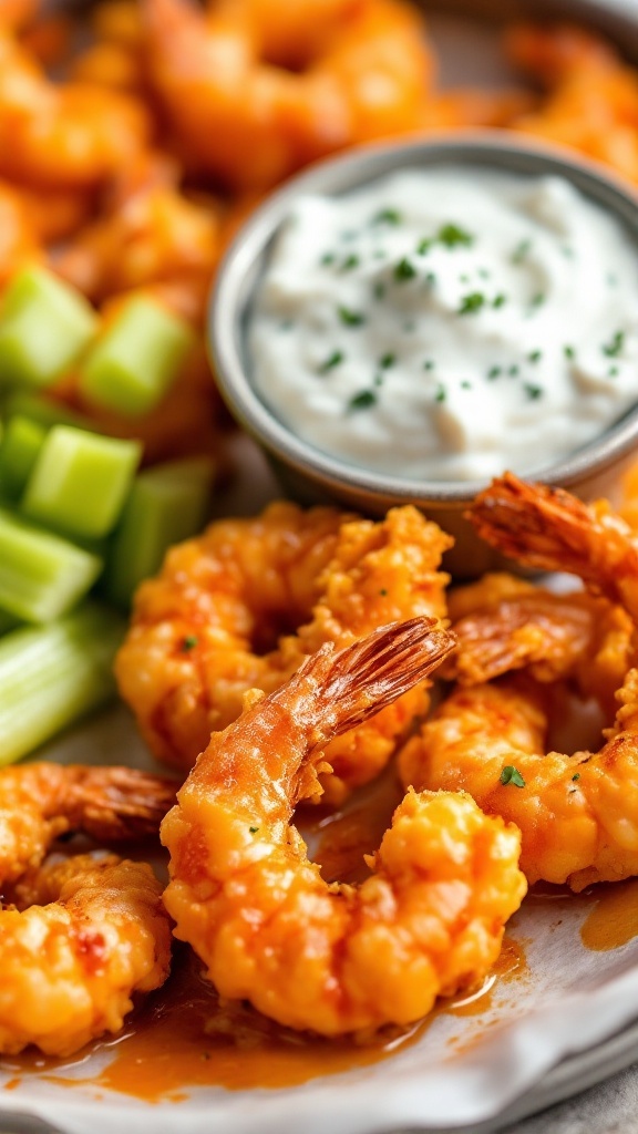 Buffalo shrimp served with a side of blue cheese dip and celery sticks.