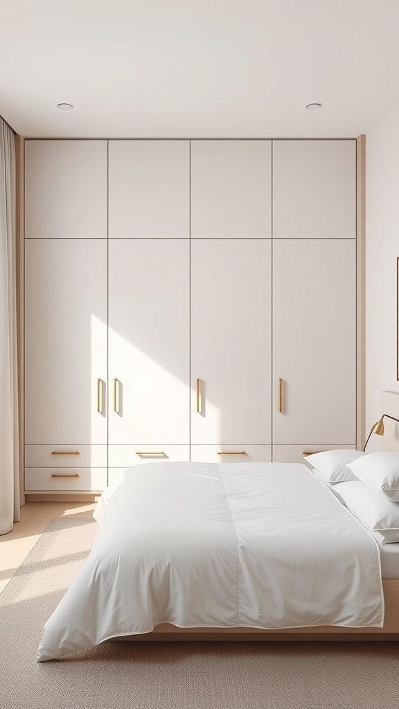 A minimalist bedroom featuring a built-in wardrobe with golden handles and a white bedspread.