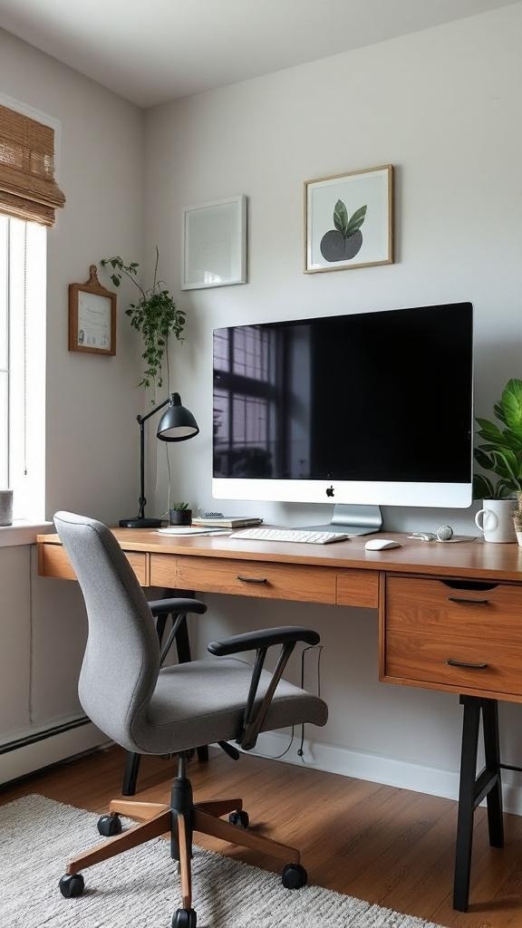 A modern home office setup featuring a wall-mounted TV, organized cables, and plants.