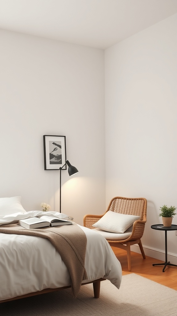 A minimalist bedroom featuring a reading nook with a chair, lamp, and side table.