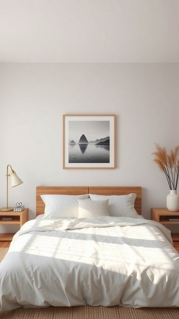 Minimalist bedroom featuring calming black-and-white artwork above the bed