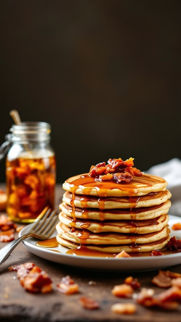 A stack of pancakes topped with candied bacon pieces and drizzled with syrup.