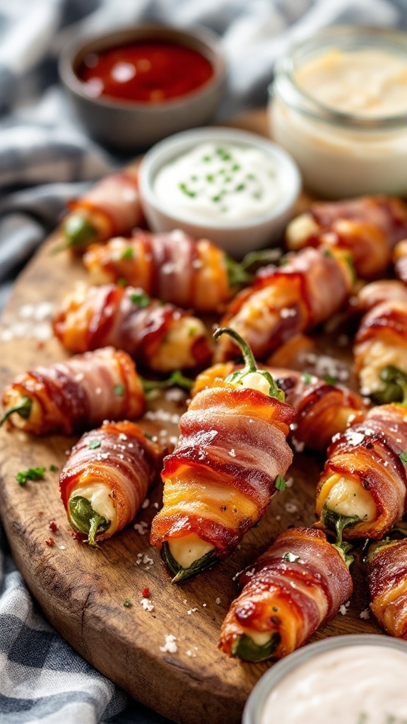 Candied bacon-wrapped jalapeño poppers on a wooden serving board