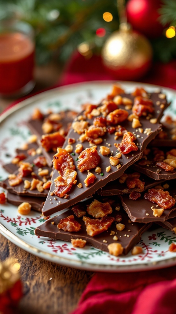 Candied bacon and chocolate bark on a festive plate