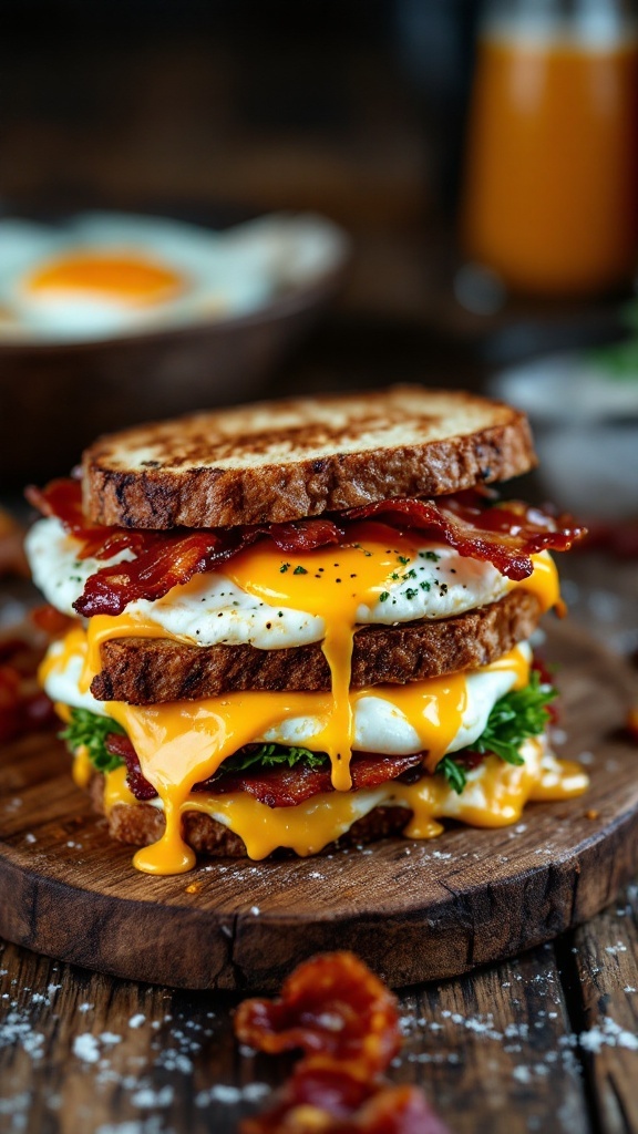 A stacked breakfast sandwich with candied bacon, melted cheese, and eggs.