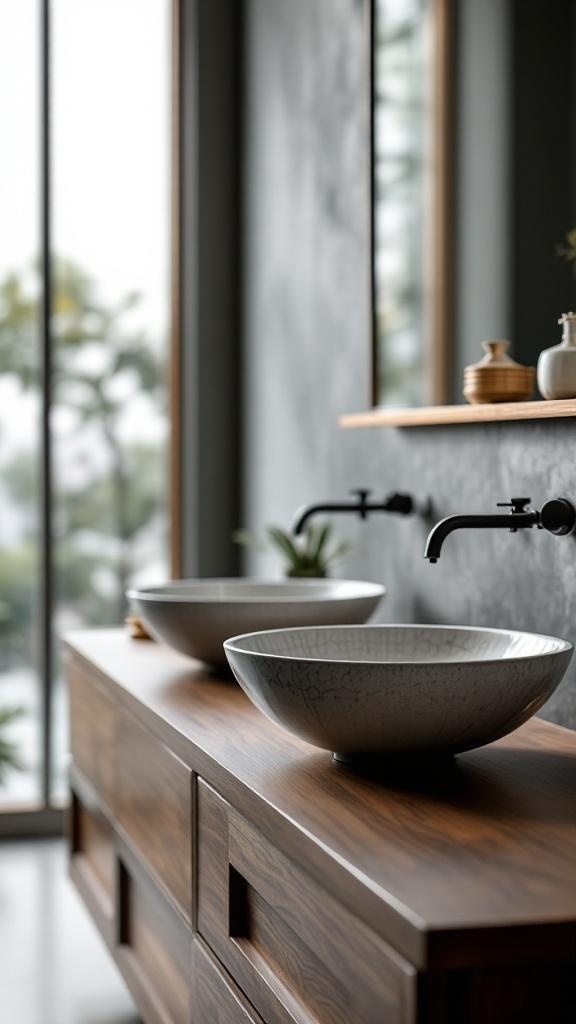 Two ceramic vessel sinks on a wooden vanity in a modern bathroom