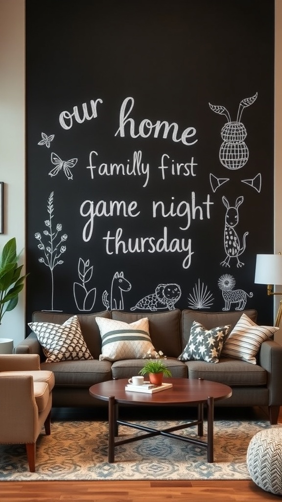 Chalkboard wall filled with family messages and doodles in a cozy living room
