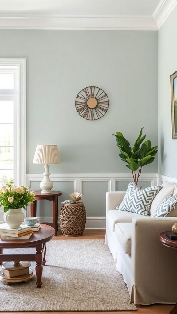 A cozy living room with a beige accent wall featuring a quote above a fireplace, surrounded by plants and natural decor.