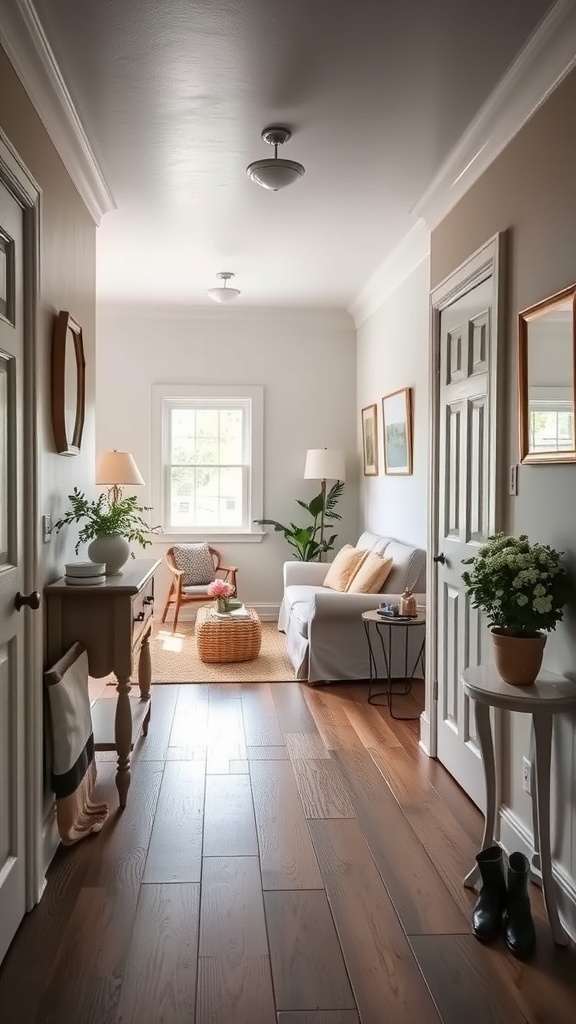 A cozy entryway with wooden floors, light walls, and a small seating area featuring a couch and a side table.