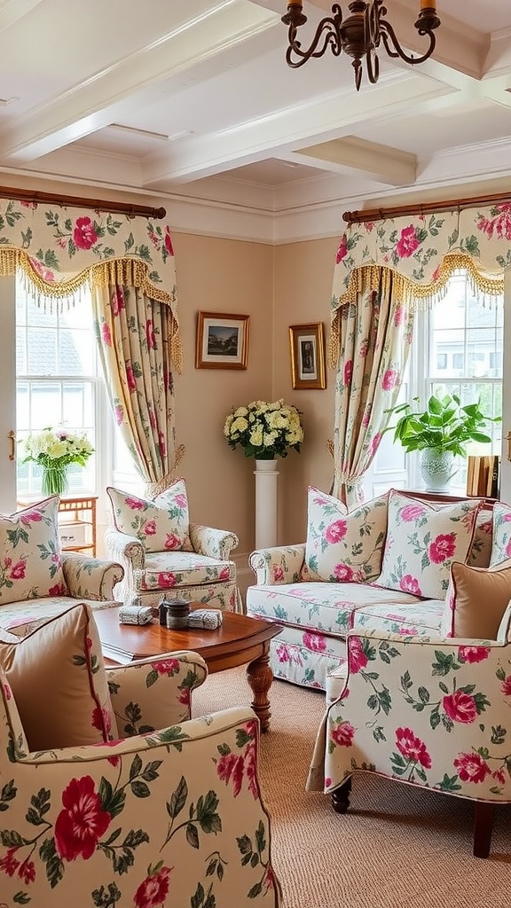 Cozy English cottage living room with floral patterned furniture and curtains