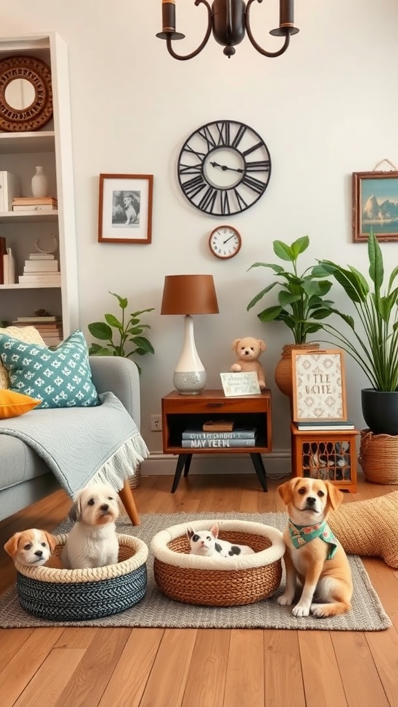 A cozy living room featuring three pets in stylish baskets, surrounded by plants and warm decor.