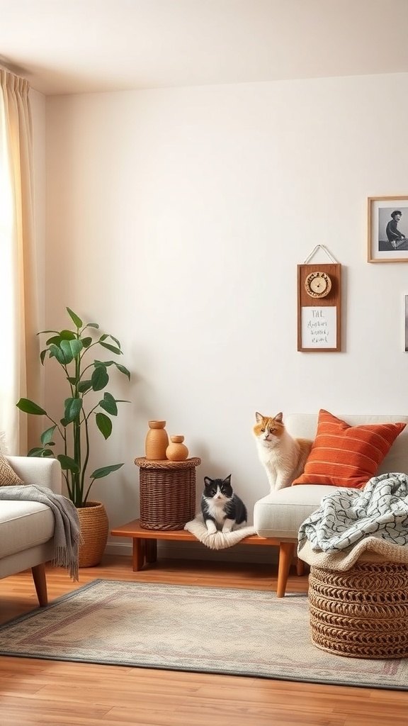 A cozy living room featuring two cats on a shelf and a comfortable seating area with plants and decorative items.