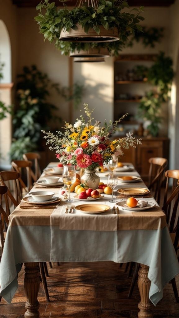 A beautifully set dining table with a floral centerpiece and fresh fruits in a Tuscan-style dining room.