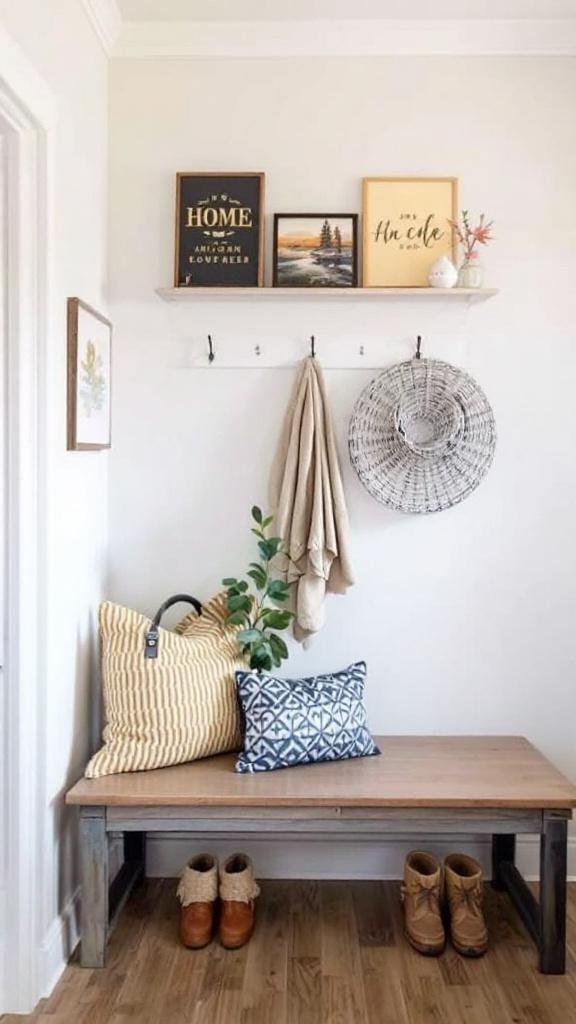 Charming wall art in a mudroom laundry room featuring an uplifting message on a blackboard.