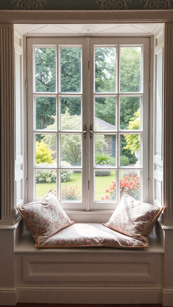Cozy window seat with floral cushions overlooking a garden