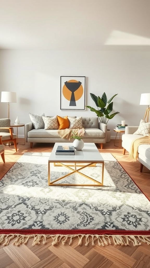 A chic living room with a patterned area rug, stylish furniture, and decorative elements.