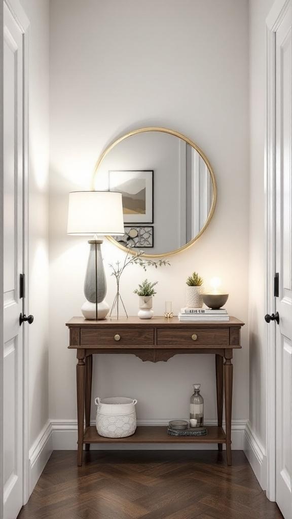 Chic console table in a narrow entryway with a lamp, plants, and a round mirror