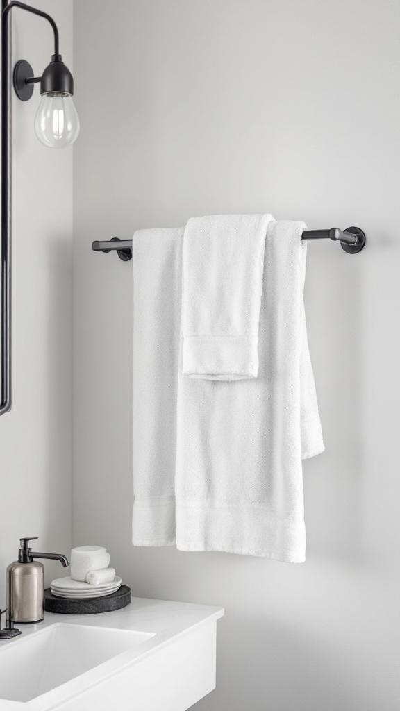 Chic black towel rack with white towels in a modern bathroom setting