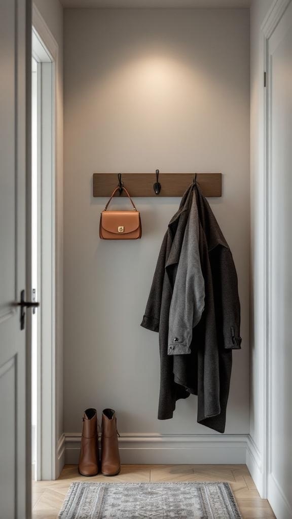 A small hallway featuring a wooden wall rack with hooks, a coat, a handbag, and brown boots on the floor.