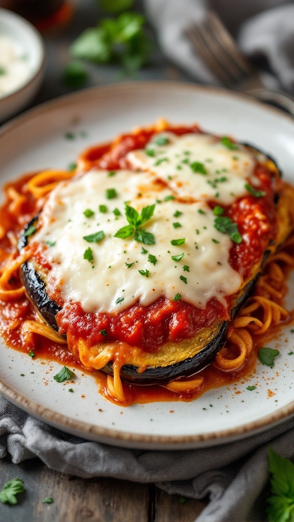 A plate of Chicken and Eggplant Parmesan topped with cheese and parsley.