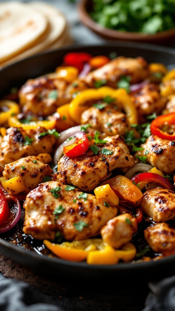 Chicken fajitas served with peppers and onions