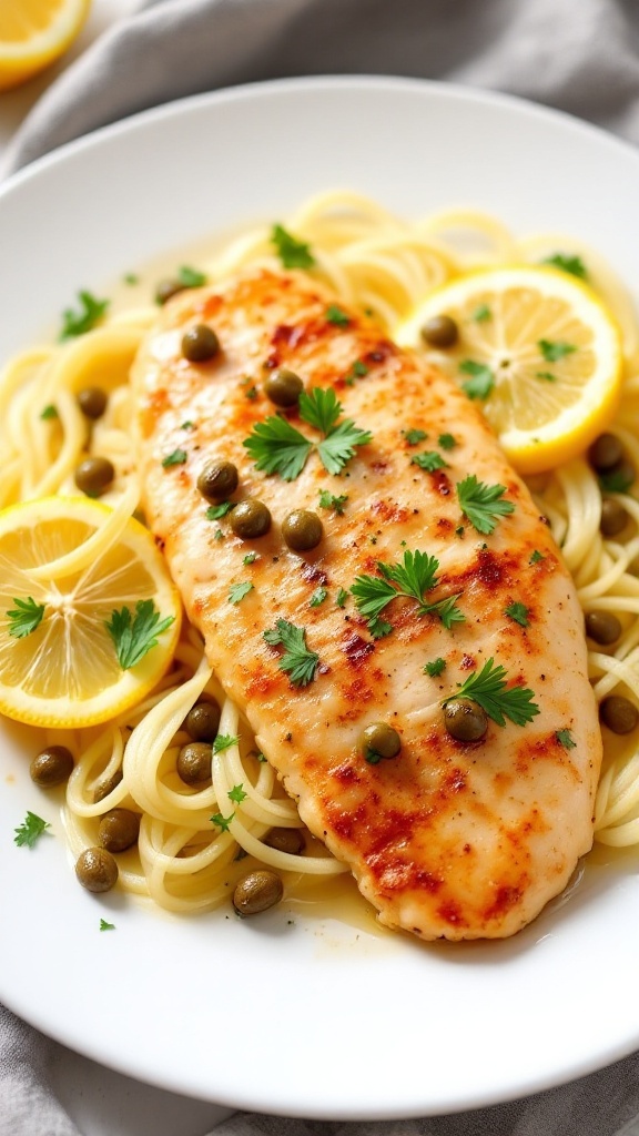 A plate of Chicken Piccata with capers, lemon slices, and parsley, served on a bed of pasta.